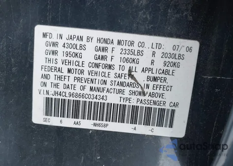 2006 Acura Tsx z USA, uszkodzony, nr VIN JH4CL96866C034343